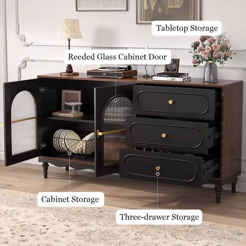 62.9" Vintage Black Sideboard with Fluted Glass Doors & Gold Accents Retro Buffet Cabinet with Drawers