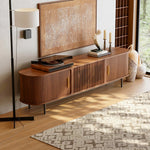 Load image into Gallery viewer, 70.2&#39;&#39; Walnut Curved TV Stand Vertical Textured Design with Metal Handles
