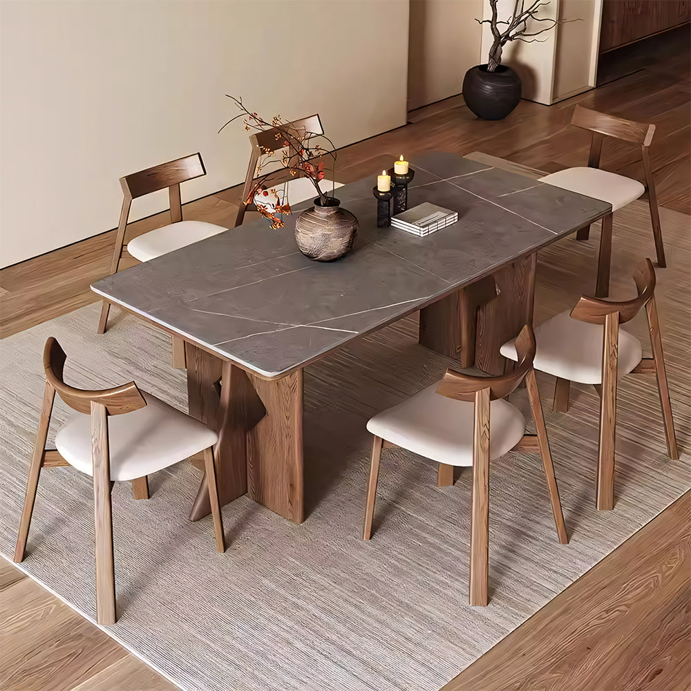Dining Table Stone-Look Ceramic Top Solid Wood Base Modern Minimalist Design