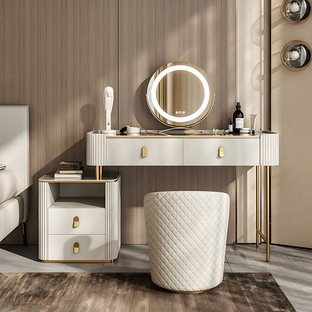Modern Luxury Makeup Vanity Desk Marble Texture Top Dressing Table with Storage Drawers and Gold Metal Legs