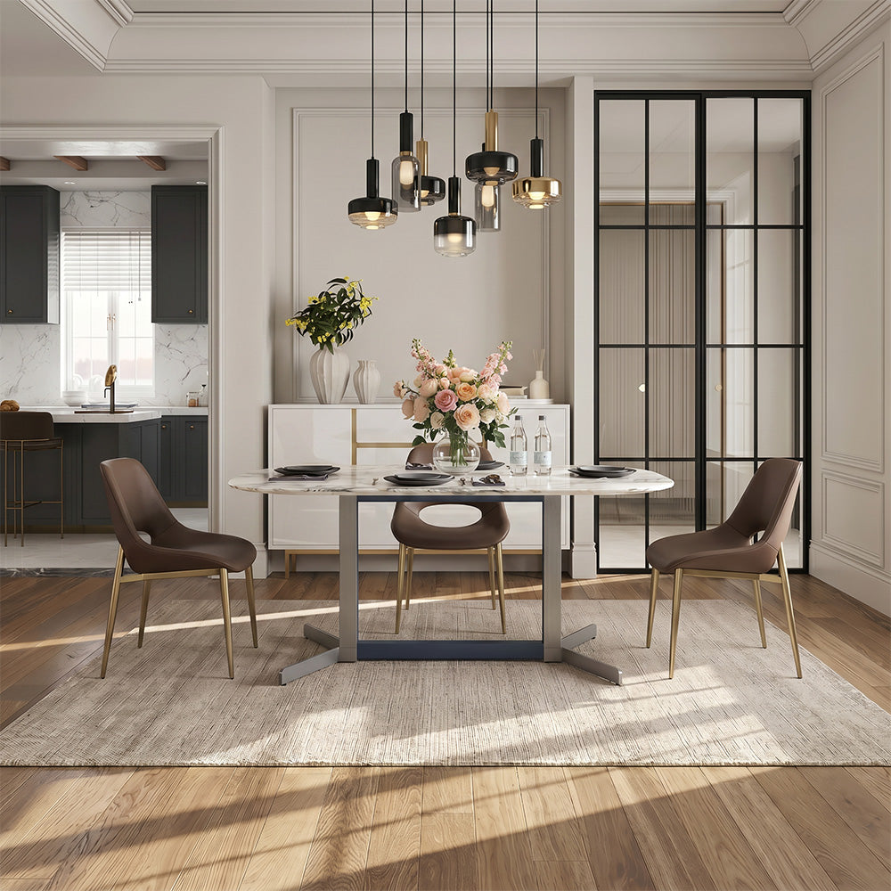 Modern Rectangular Dining Table with Rounded Corners and Marble-Look Top