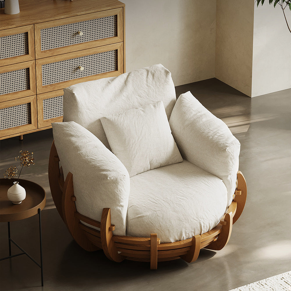 Modern Solid Wood 360° Swivel Lounge Chair with Cushions and Sculptural Frame