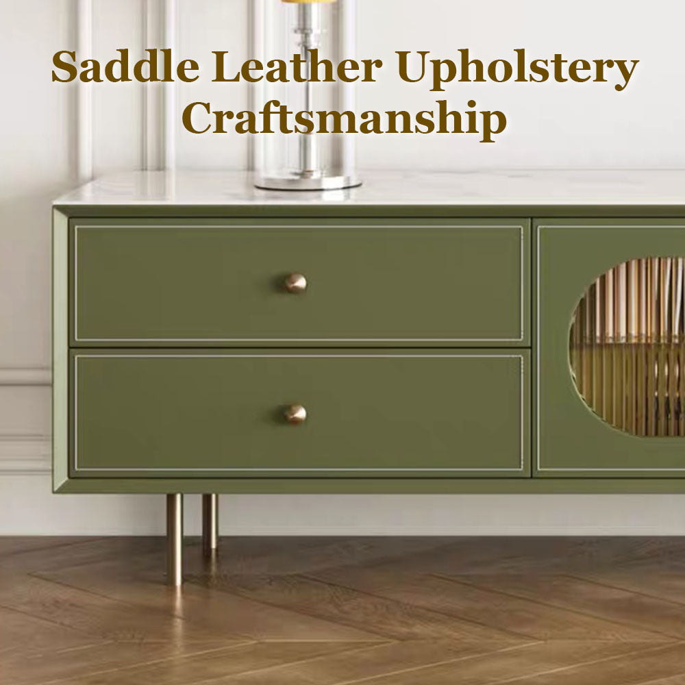 70.87" Modern Green TV Stand with Gold-Ribbed Glass Doors & Storage Drawers