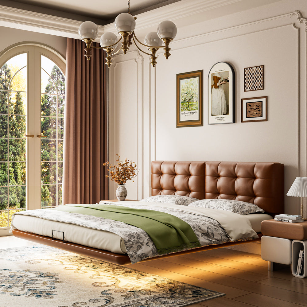 Modern Floating Bed with LED Lighting & Upholstered Headboard