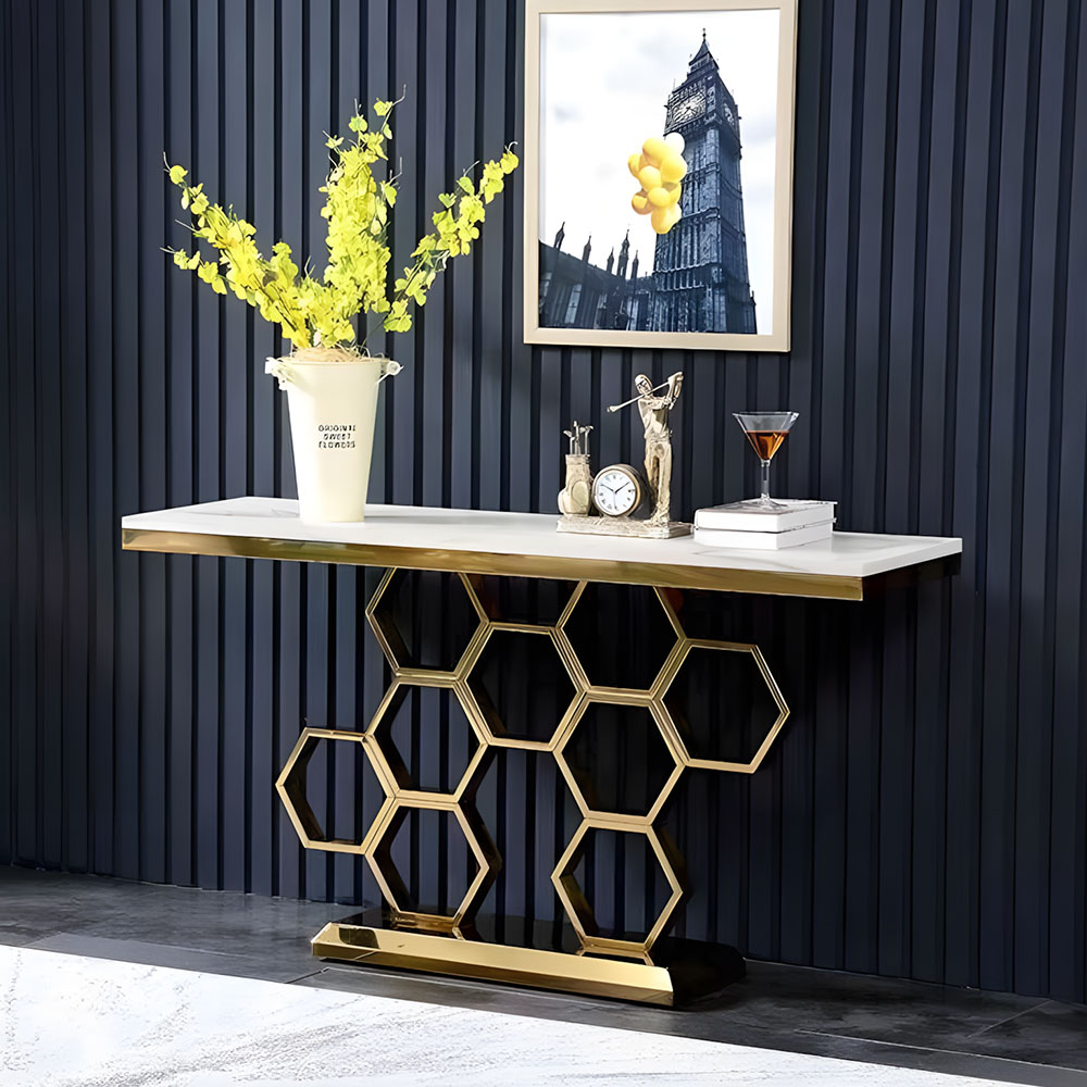 Elegant Honeycomb Base Console Table Contemporary Design with Luxurious Gold Accents