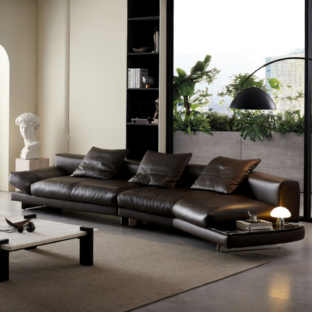 Modern Low-Profile Leather Sofa Deep Brown Upholstery with Wide Armrests & Metal Legs