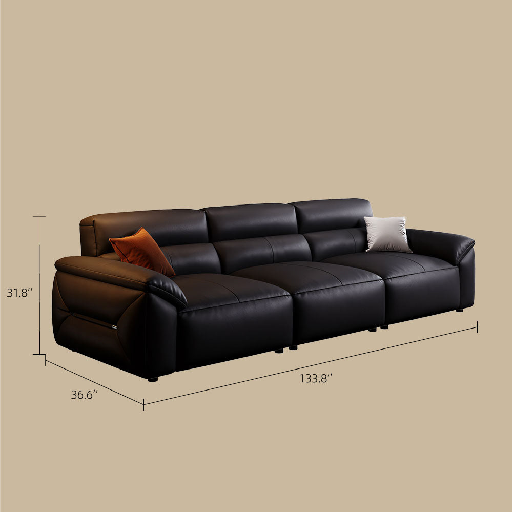 Modern Black Leather Sofa Oversized Low-Profile Design with Wide Armrests