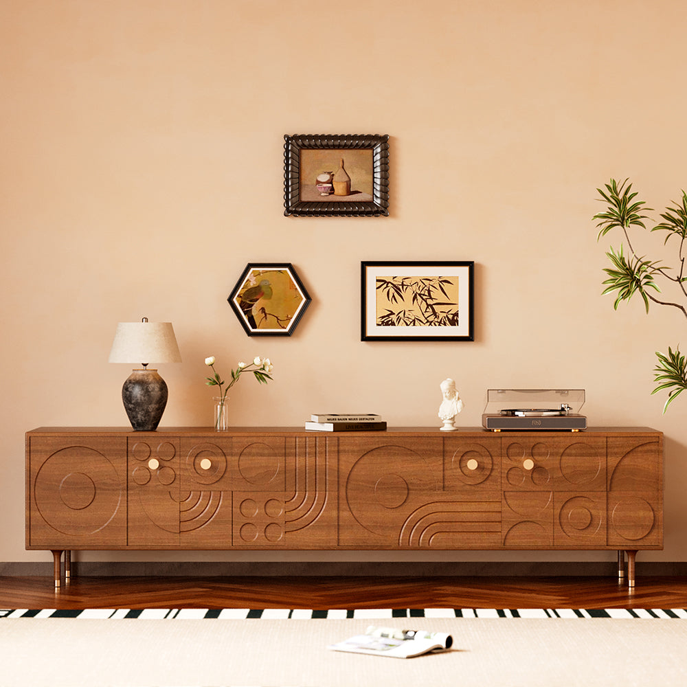 78" Retro TV Stand Carved Geometric Pattern Solid Wood Cabinet Brass-Tipped Legs Storage Sideboard