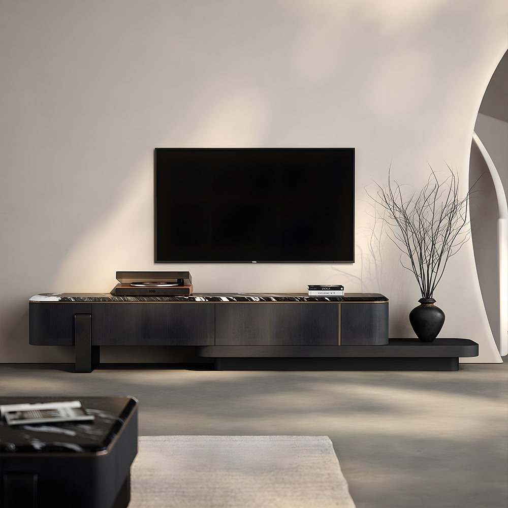 Modern Extendable TV Stand with Marble Top and Black Wood Finish