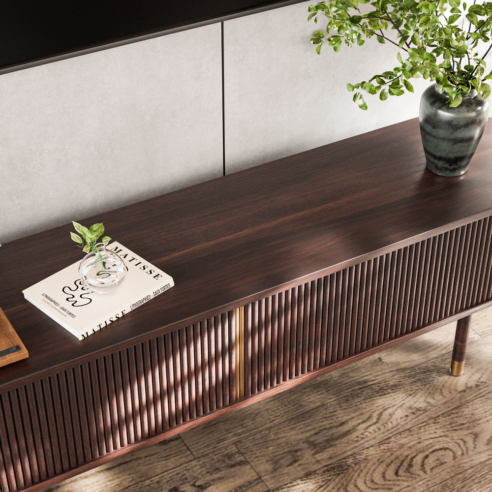 70.8" Modern Solid Wood TV Stand with Fluted Doors Minimalist Media Console with Rounded Corners & Gold Accents