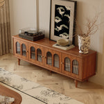 Load image into Gallery viewer, 70&#39;&#39;Solid Wood TV Cabinet Arched Glass Doors Warm Cherry Finish Hidden Storage
