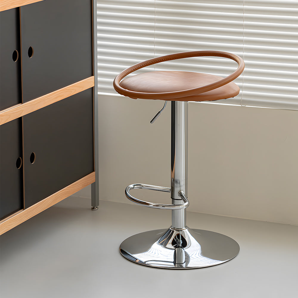 Modern Swivel Adjustable Bar Stool Set of 2 Brown Upholstered Seats Stainless Steel Base
