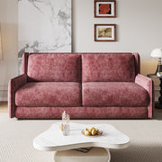 Modern chenille sofa bed with built-in mattress in wine red upholstery.