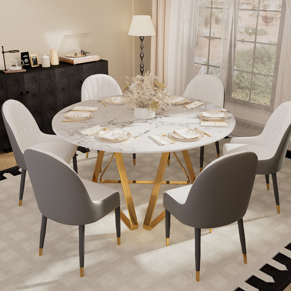 Round Marble Dining Table Modern Gold Metal Base with Lazy Susan