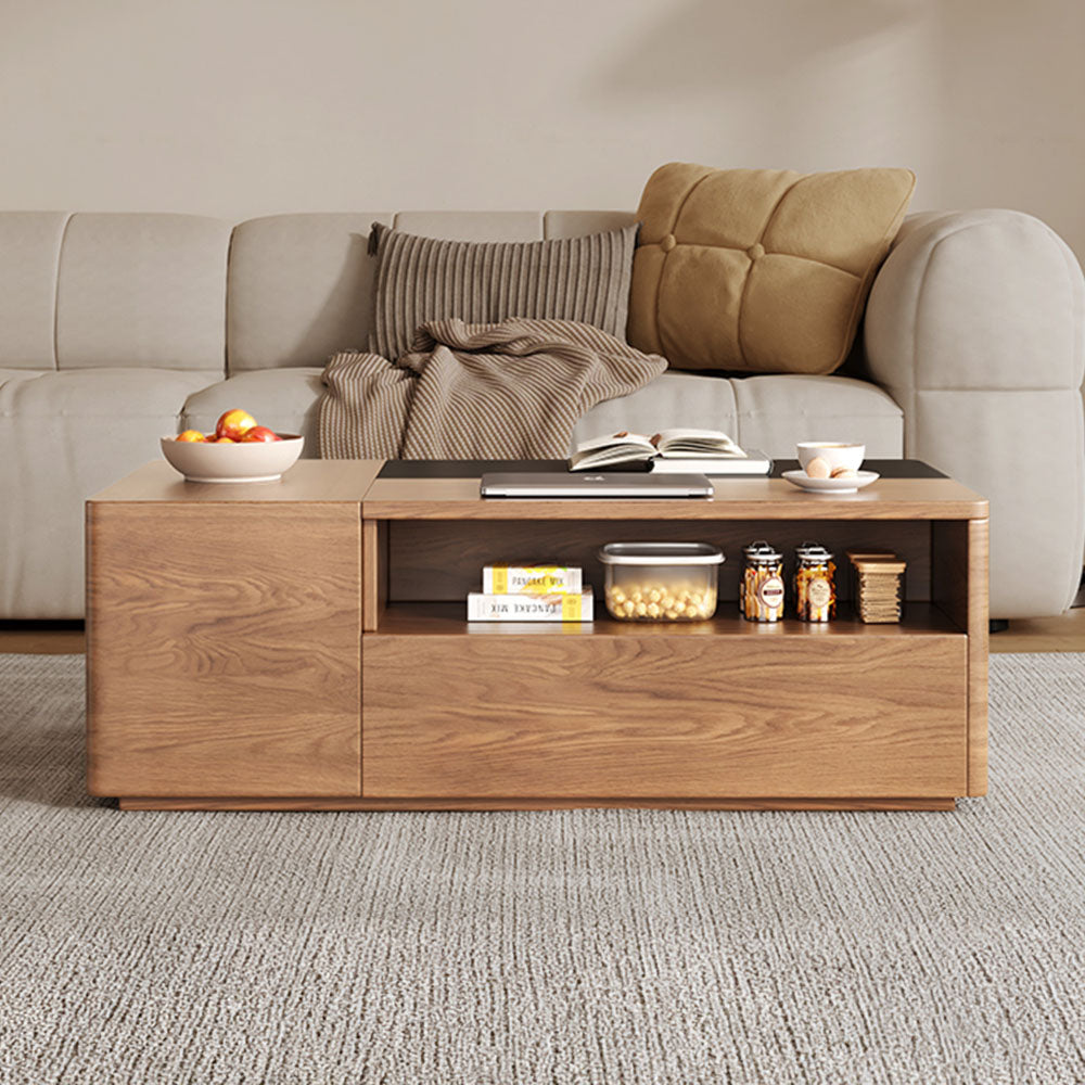 51'' Walnut Lift-Top Coffee Table with Hidden Storage Drawers and Open Shelves