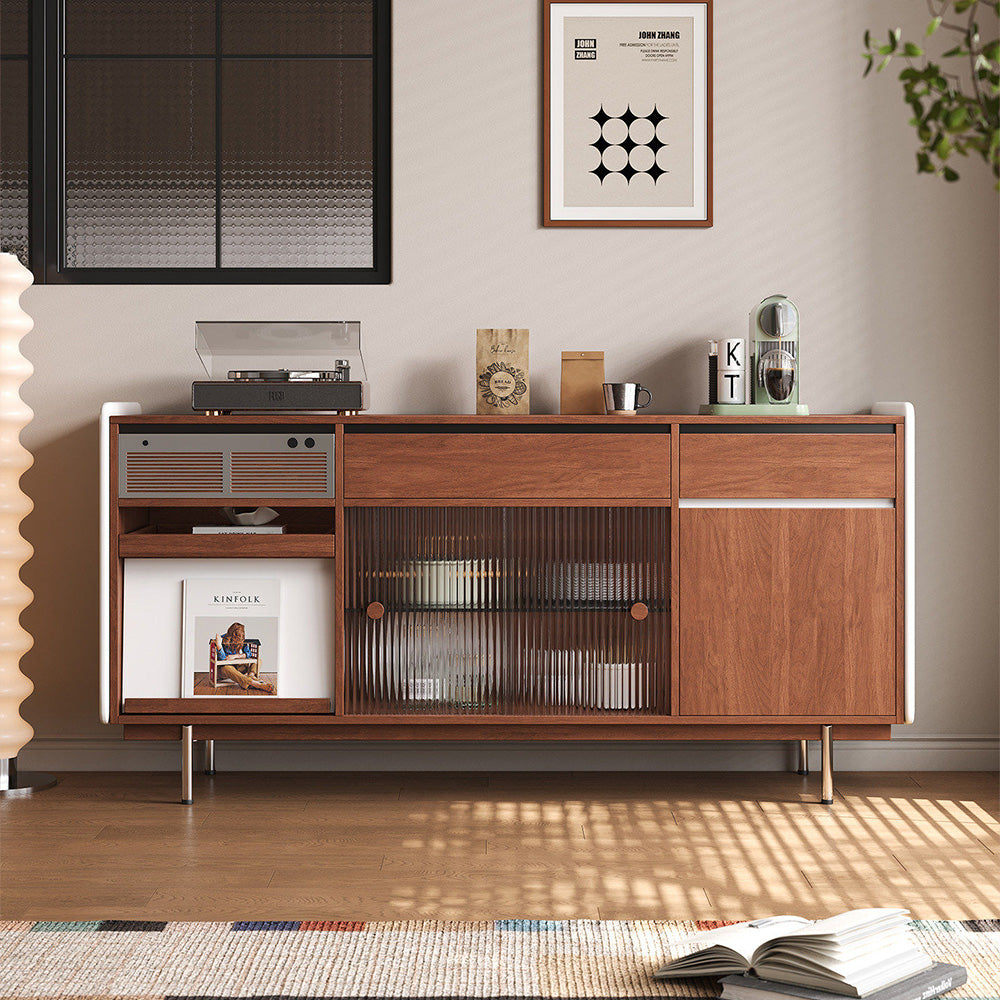 59.1"/70.9" Modern Walnut Sideboard Cabinet with Fluted Glass Sliding Doors & Open Storage
