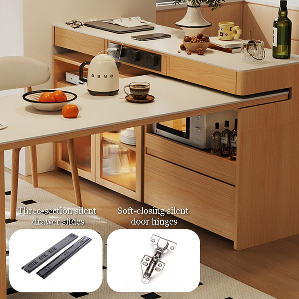 White & Natural Multi-Function Sliding Kitchen Island Storage Power Outlets & Dining in One