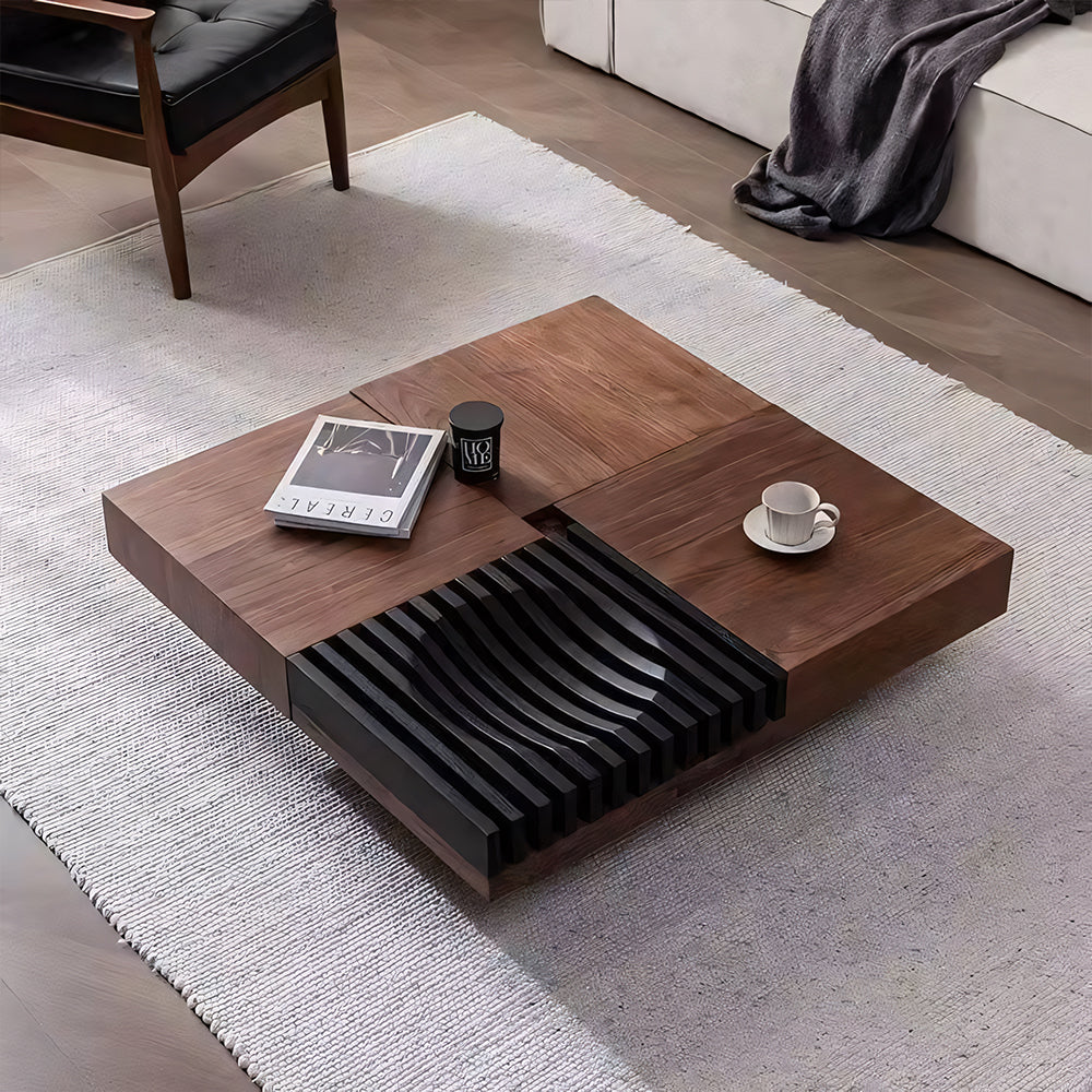 39'' Modern Modular Solid Wood Coffee Table with Hidden Storage & Sculptural Slat Base