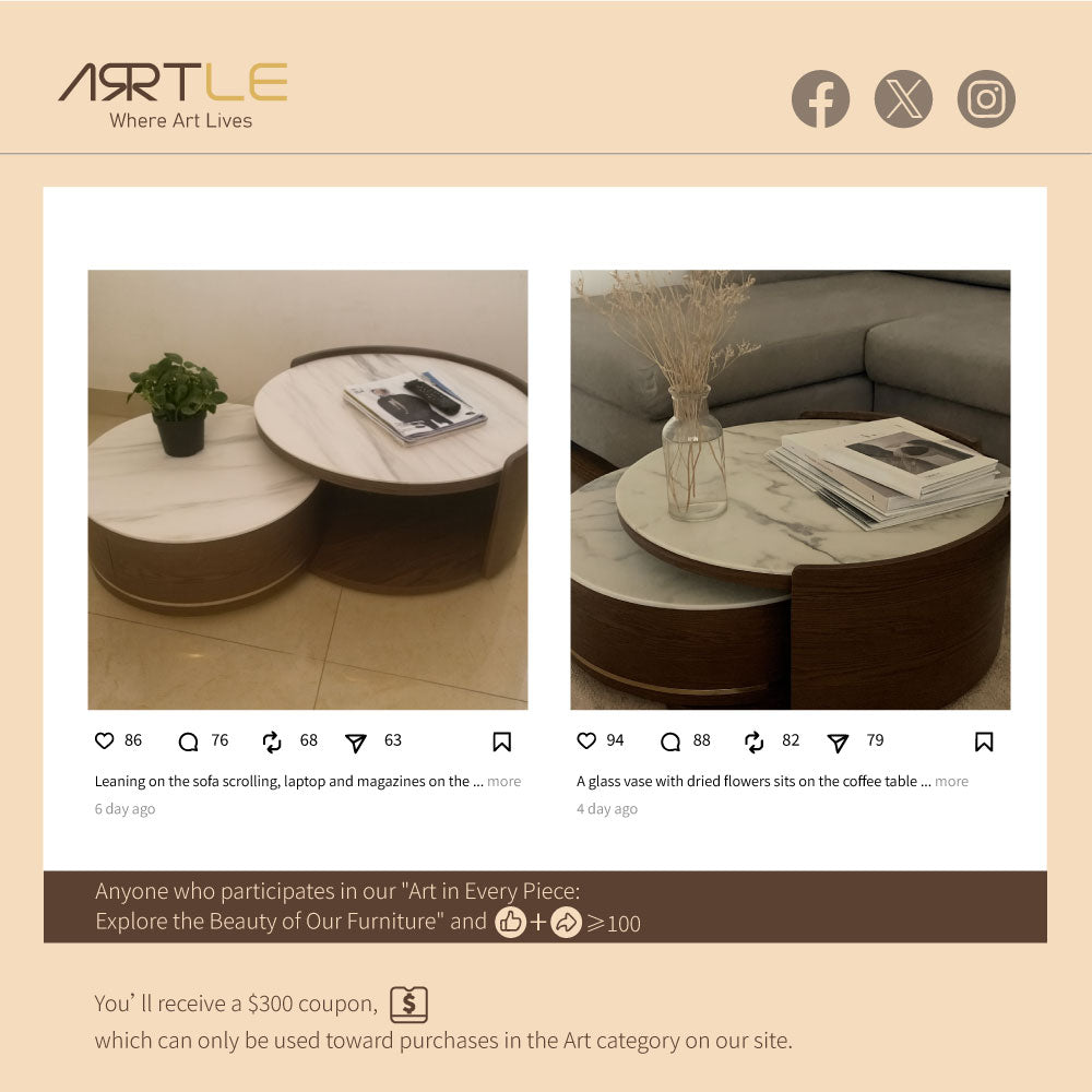 31.5" Round Nesting Coffee Table Set with Drawer Marble Texture Top Walnut Minimalist Storage Design