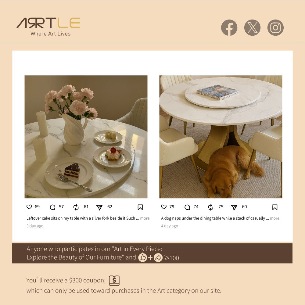 Round Dining Table Lazy Susan Marble Effect and Gold Metal Base Perfect for 4-6 People