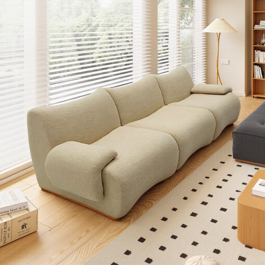 109''Modern Three Seater Sofa Boucle Fabric Curved Armrest Deep Cushion Design Cozy Minimalist Style
