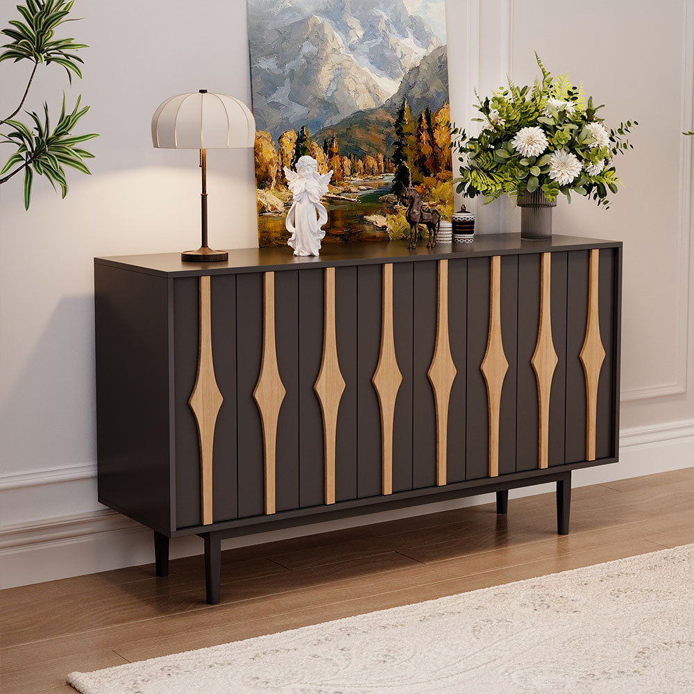 55.1'' Modern Black & Natural Wood Sideboard Cabinet with Decorative Slatted Doors