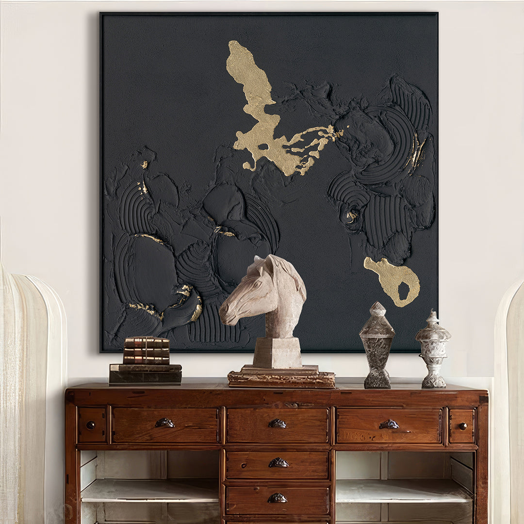 Handmade Abstract Wall Art – Black Textured Painting with Gold Accents