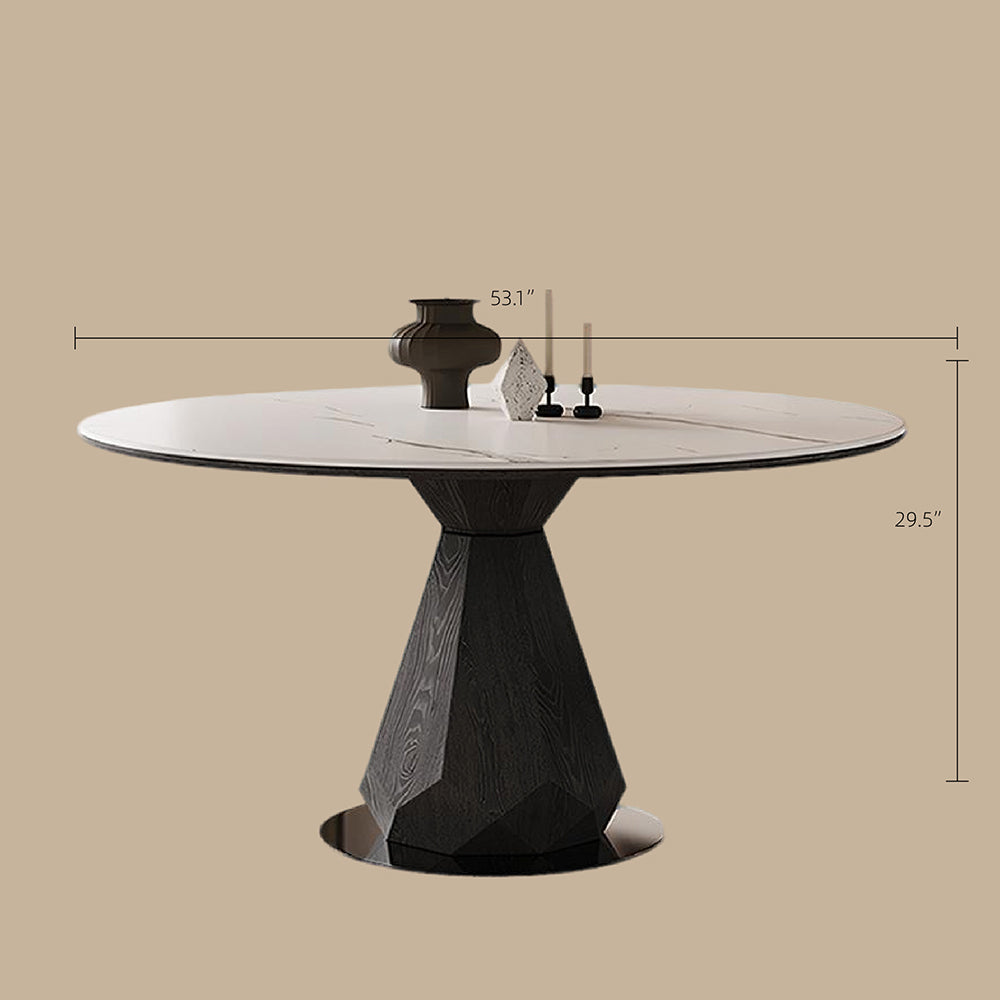 53.1" Creative Round Dining Table Black Wooden Base with Marble Effect Top