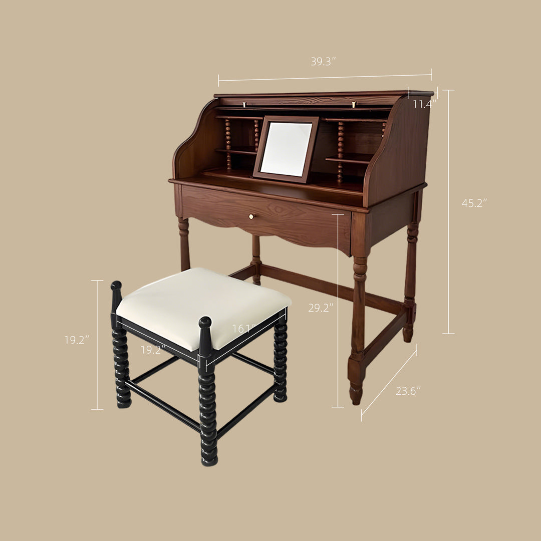 39.3'' Modern Vintage Roll Top Vanity Desk Solid Wood Makeup Table with Storage and Drawer