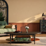 Load image into Gallery viewer, 55.9" Norwegian Jungle Print Arched Carved Oval Coffee Table With Drawer
