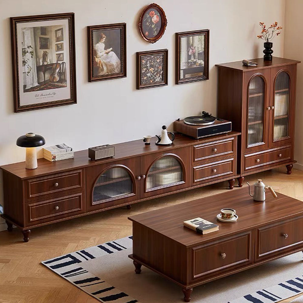 Vintage Walnut Living Room Furniture Set TV Console with Fluted Glass Doors & Coffee Table