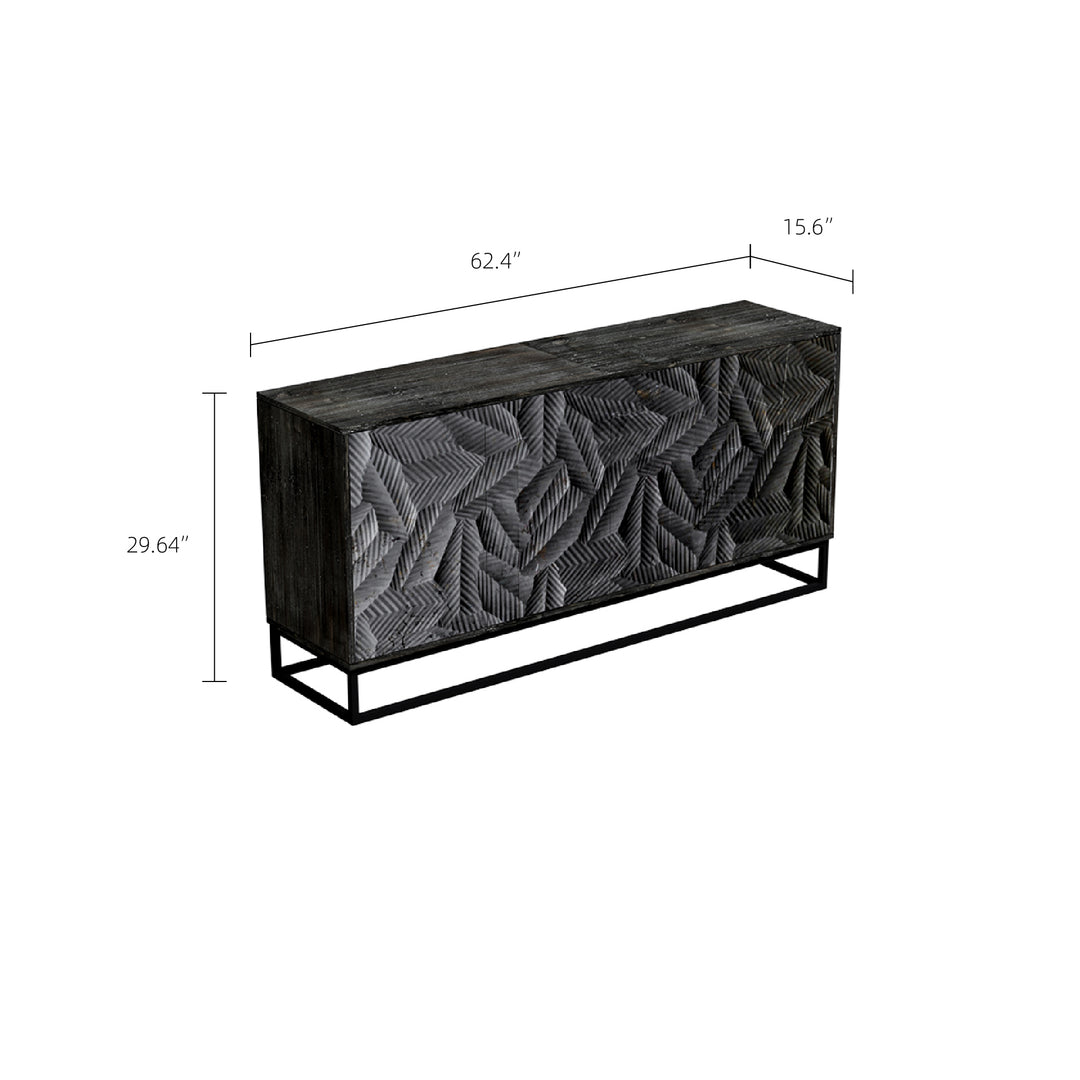 62.4''Vintage Carved Sideboard Mid Century Storage Cabinet Geometric Texture Bold Relief Artistic Statement