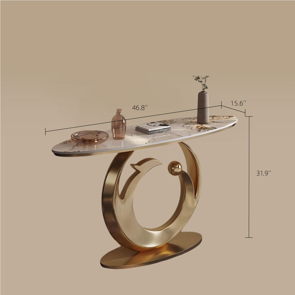 Gold Bird Feather Base Marble Console Table