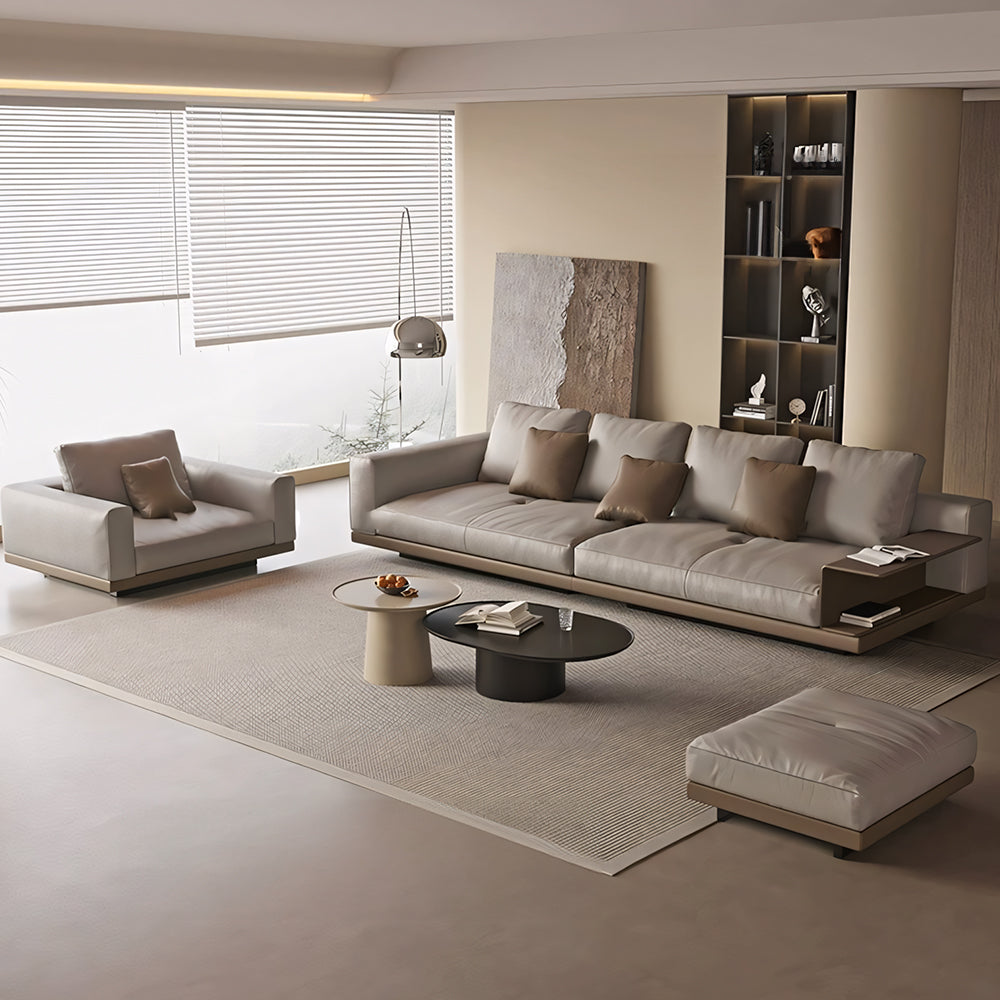Modern Low-Profile Leather Sofa with Integrated Side Shelf