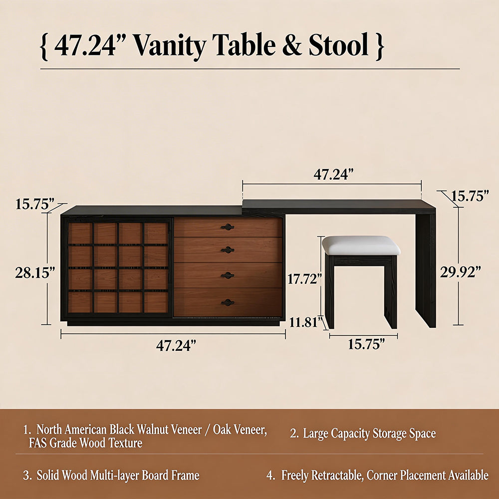 Modern Japandi Vanity Desk with Storage Cabinet Walnut Finish Makeup Table with Drawers Black Frame with Stool