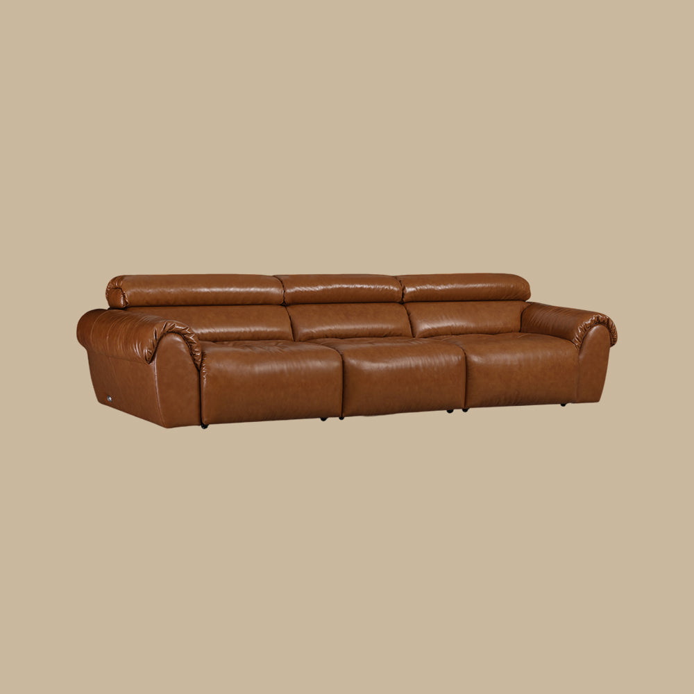 119.2'' Modern Genuine Leather Power Reclining Sofa Remote Control Adjustable Seats Brown Leather Couch