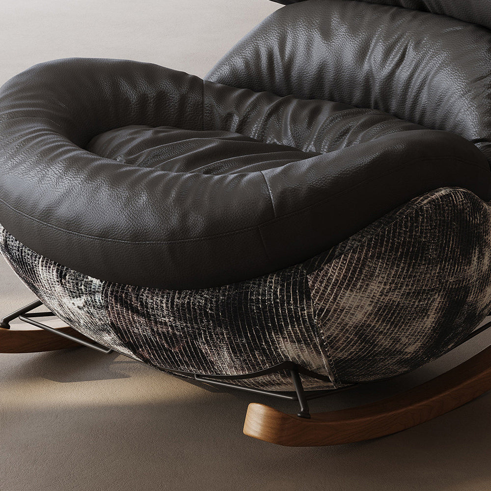 Modern Rocking Lounge Chair with Leather Cushion and Walnut Rocker Base