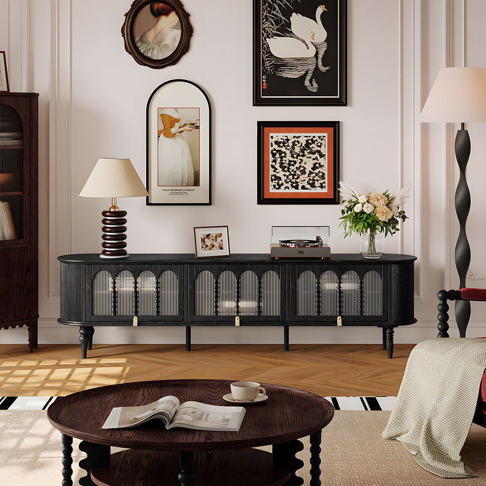 Modern Black TV Stand Console Table with Arched Glass Doors