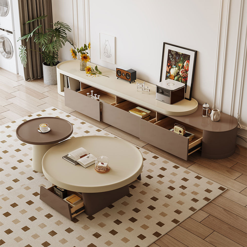Modern Extendable TV Cabinet with Rounded Edges 3-Drawer Storage