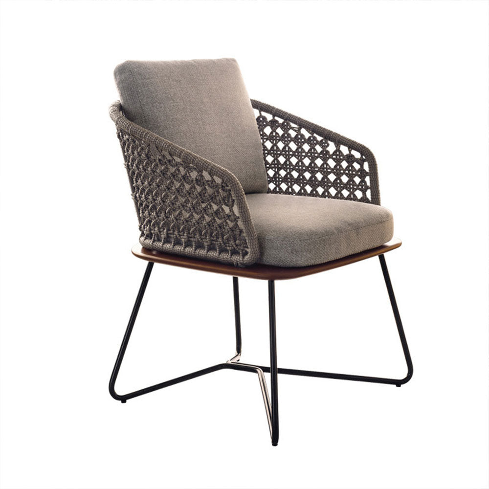 Modern Outdoor Lounge Chair with Handwoven Rope Backrest and Solid Wood Base