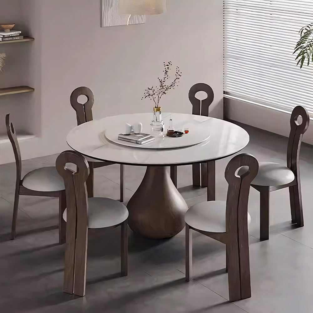 Round Dining Table Wooden Base and Ceramic Stone Top Modern Aesthetic
