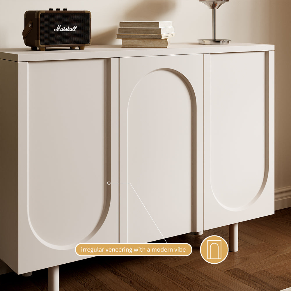 3 Door Sideboard Modern Cabinet Matte White Finish Adjustable Shelves Irregular Veneer Solid Wood Legs