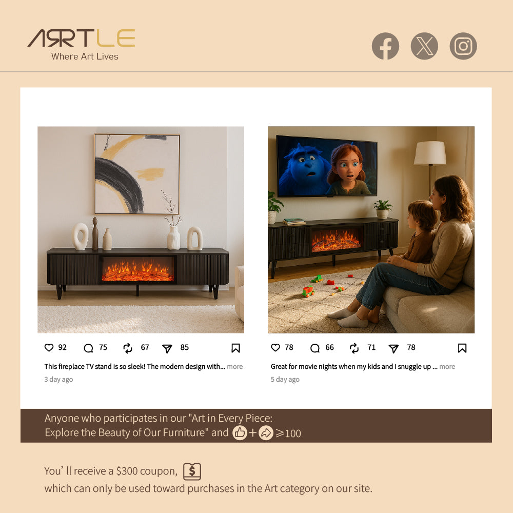 Modern Black Electric Fireplace TV Stand for 65 to 85-inch TVs