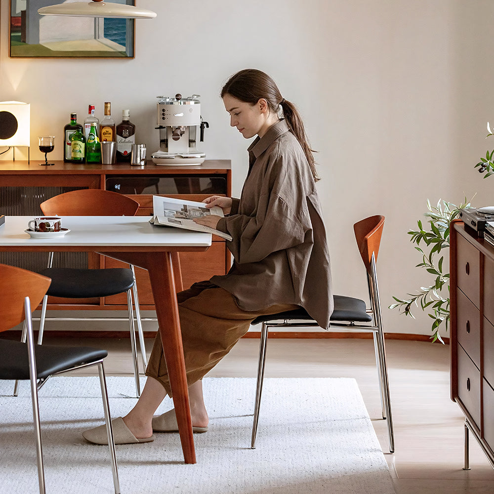 Modern Dining Chair with Stainless Steel Legs Faux Leather Upholstered Seat Ergonomic Wood Backrest for Dining Room