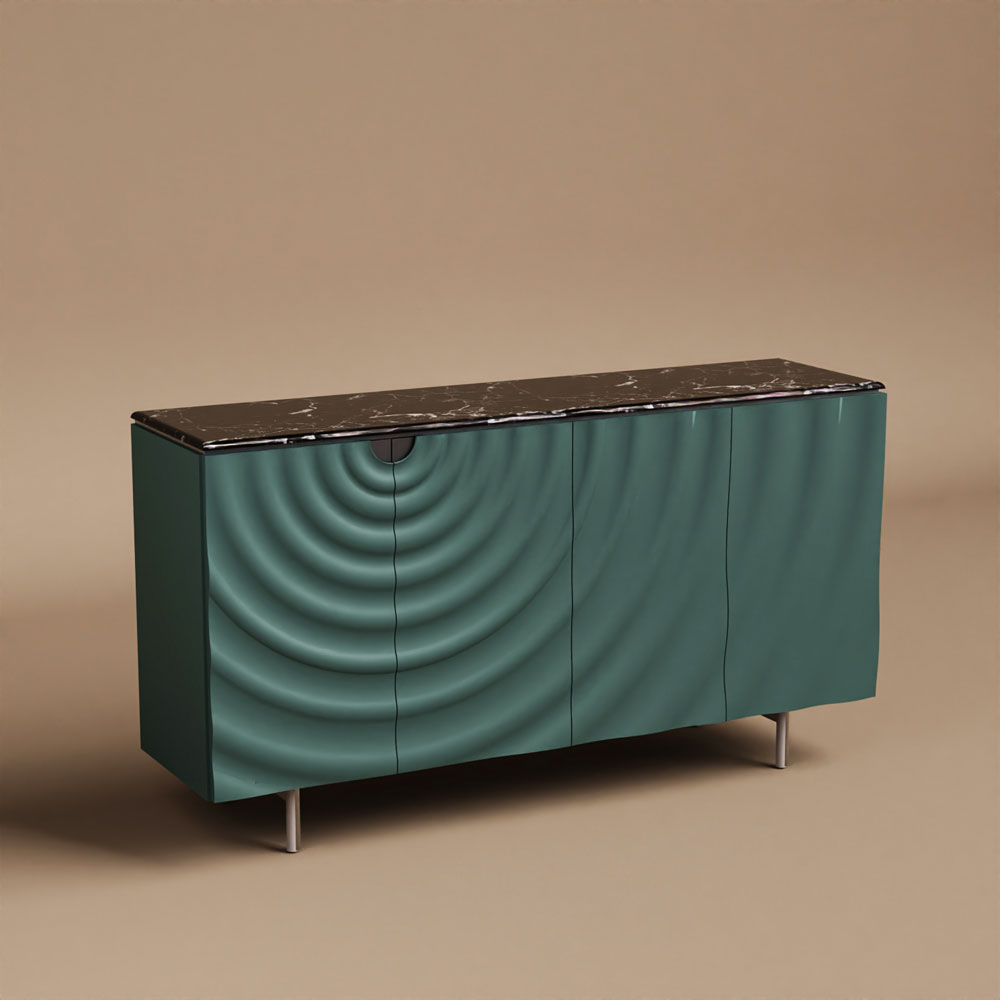 62.4" Modern Ripple Design Green Sideboard with Black Stone Top