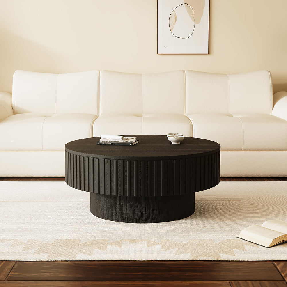 31.2'' Black Round Coffee Table Textured Design Modern Minimalist Style