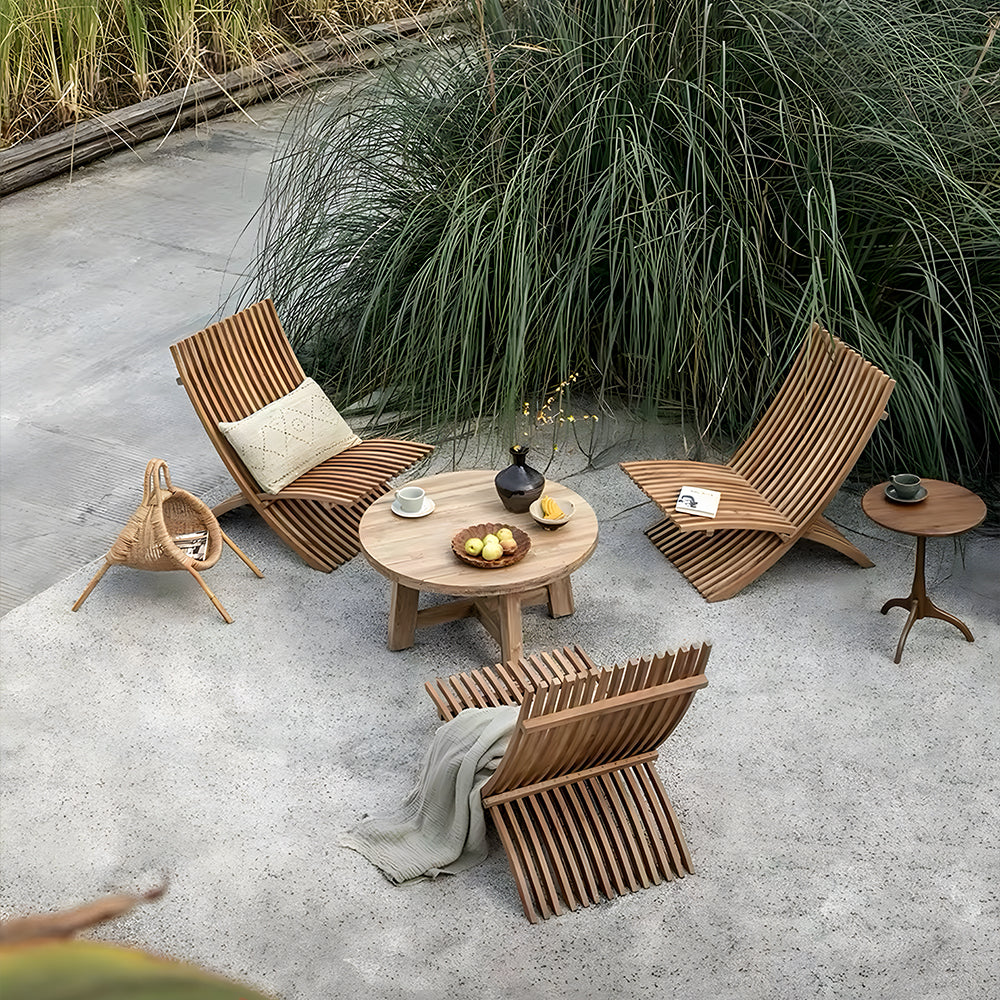 Modern Curved Solid Wood Lounge Chair with Sculptural Slatted Design