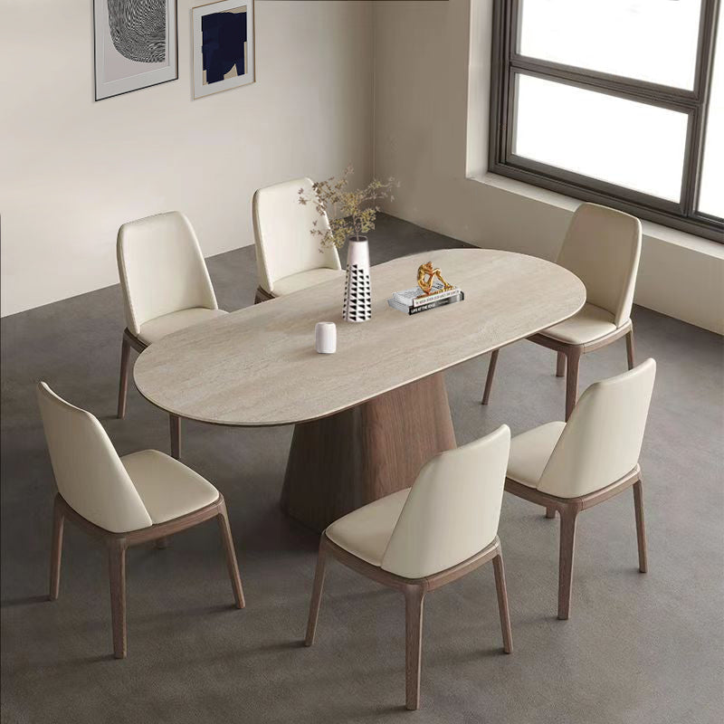 Oval Dining Table Solid Wood Walnut Veneer Base Scratch Resistant Sintered Stone Top Modern Stylish Design