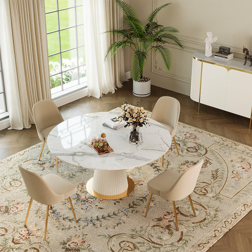 Luxury White & Gold Dining Suite Convertible Expandable Dining Table Contemporary Sideboard