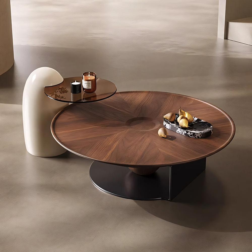 Modern Round Coffee Table with Glass Side Table Walnut Finish Center Table with Sculptural Base